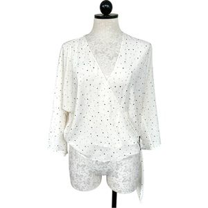 Express Studded Metallic Dots Wrap Style Crip Blouse Cream & Silver Size Medium